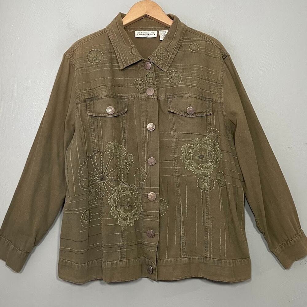 New Direction Jacket Plus Size 1X Olive Boxy Embroidered Boho Artsy Shabby Chic